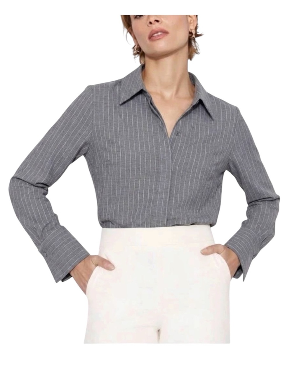 White House Black Market LS Tux Cuff Shirt Grey Lurex Pinstripe Blouse Size S